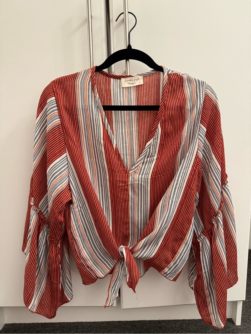 Striped Tie-Front V-Neck Blouse with Bell Sleeves